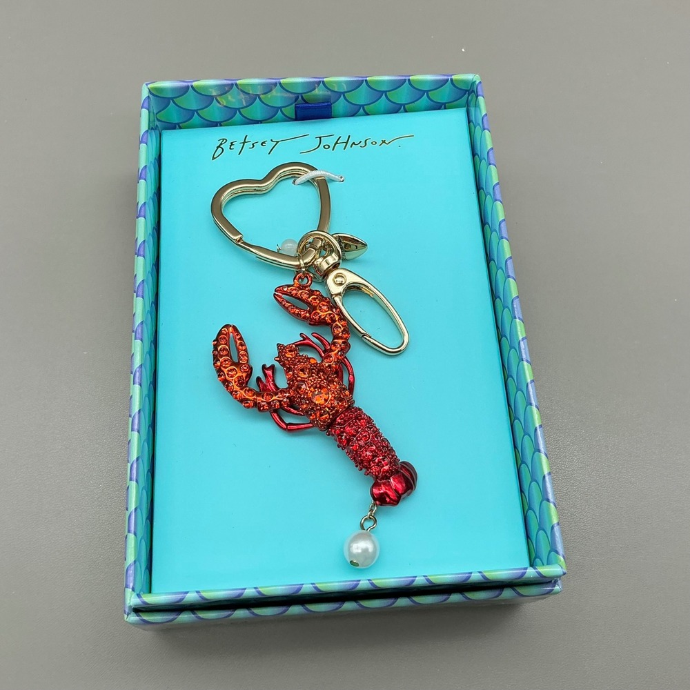 Betsey Johnson Lobster Keychain Fob Women Red Crystal Pearl Heart Ring Charm